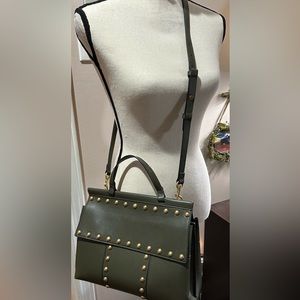 Tory Burch leather Block T Studded from flap crossbody satchel